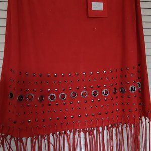 NWT Red Faux Suede skirt with antique silver rivet detail and fringe on bottom.